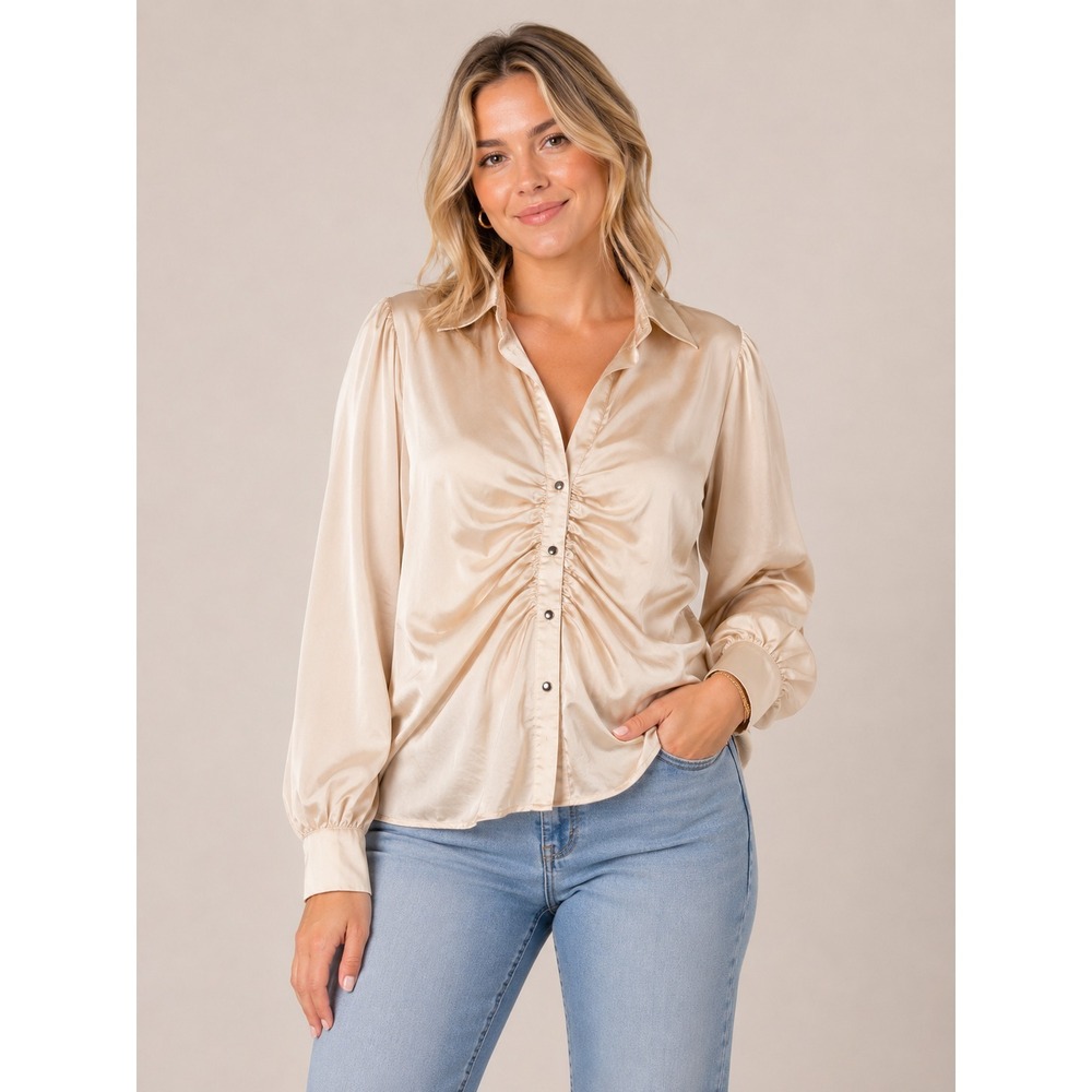 Miss Selfie Medium Champagne Ruched Satin Blouse Button-Front Long Sleeve Chic